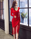 Autumn Dress – Slim Midi V-Neck Cotton Blend Dress with Tassels