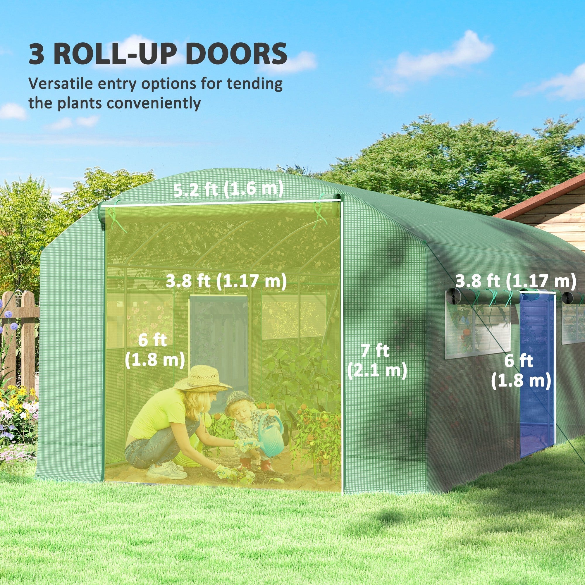 Outsunny 19.5' x 10' x 7.5' Walk-in Tunnel Greenhouse with 3 Roll-Up Doors and Large Mesh Windows, Outdoor Green House, Plant Hot House Tent with Galvanized Steel Frame, Green