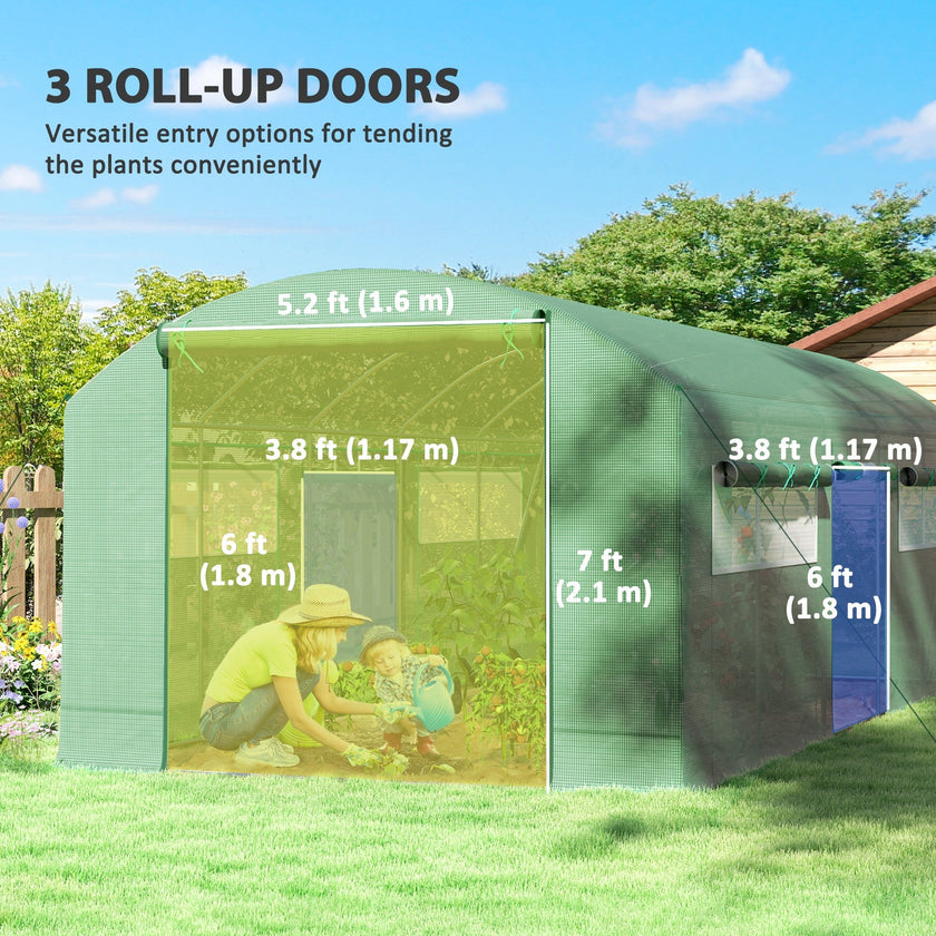 Outsunny 19.5' x 10' x 7.5' Walk-in Tunnel Greenhouse with 3 Roll-Up Doors and Large Mesh Windows, Outdoor Green House, Plant Hot House Tent with Galvanized Steel Frame, Green