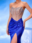 Royal Blue Satin Corset Gown with Crystal Embellished Bodice & High Slit
