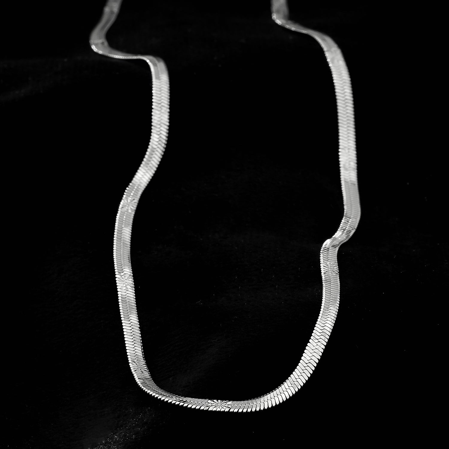 BAMBURG : Collier en chaîne argentée avec motif peau de serpent et étoiles en relief.