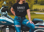 Banned From Moms Group Cotton T-Shirt | Funny Mom Graphic Tee | Sassy Motherhood Shirt | Parenting Humor Tee | Mom Gift Idea