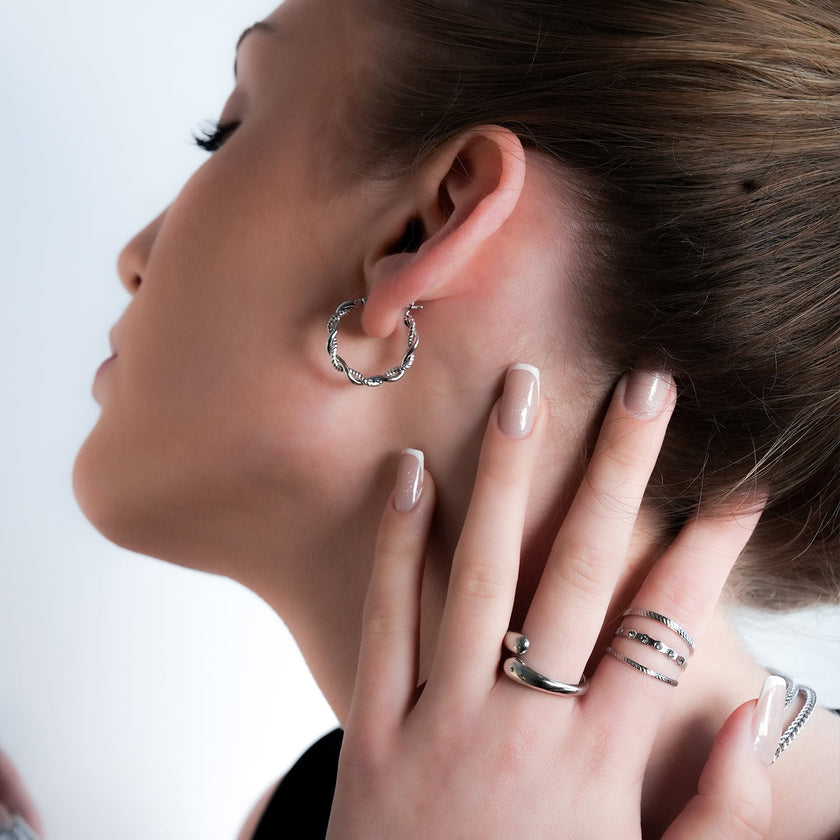 BARBARA Silver (White Gold): Contrast Textured Twisted Rope Hoop Earrings