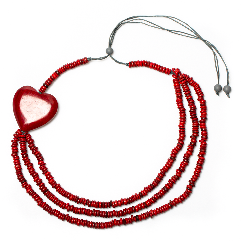 Triple Strand Coconut Bead & Wooden Heart Necklace