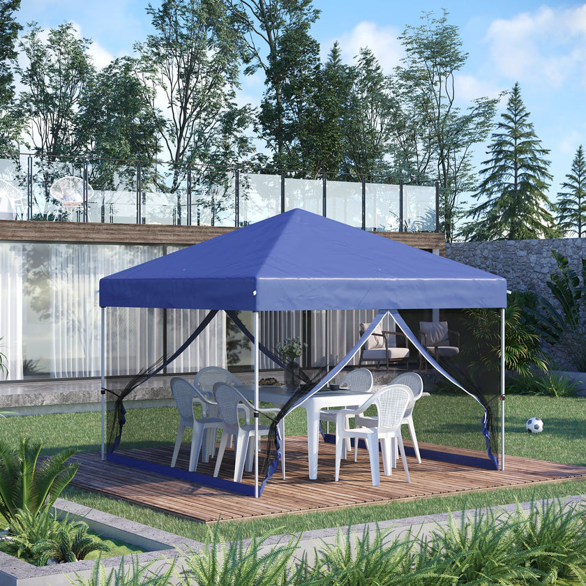 Outsunny 10' x 10' Pop-Up Party Tent Outdoor Canopy Tent with Mesh Sidewalls, 3-Level Adjustable Height, Roller Bag, Blue