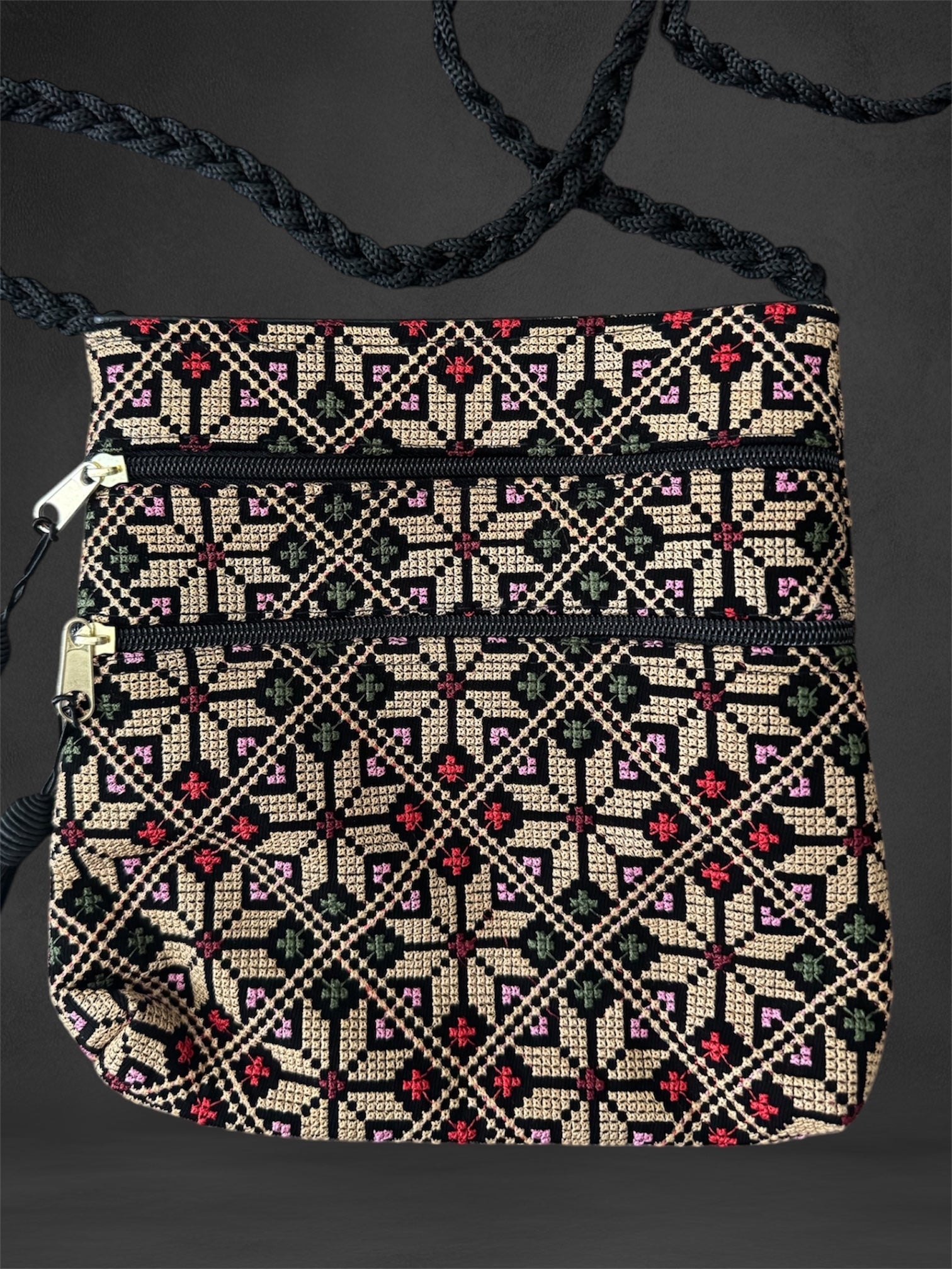 Tatreez Shoulder Pouch - 3 Zipper Compartments | Made by Palestinian Artisans