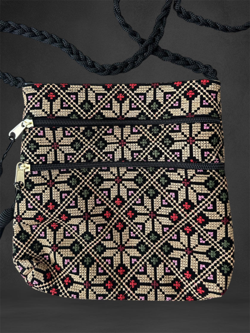 Tatreez Shoulder Pouch - 3 Zipper Compartments | Made by Palestinian Artisans