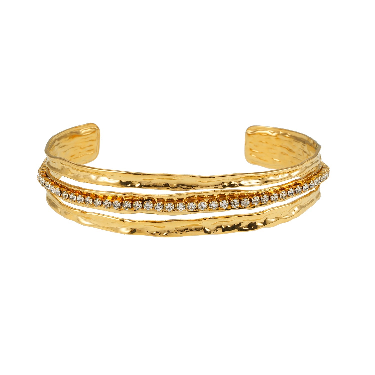 BELLINA Gold : Bracelet triple empilable avec texture, incrusté de zircons cubiques (CZ) au centre. Empilable pour plus de glamour.