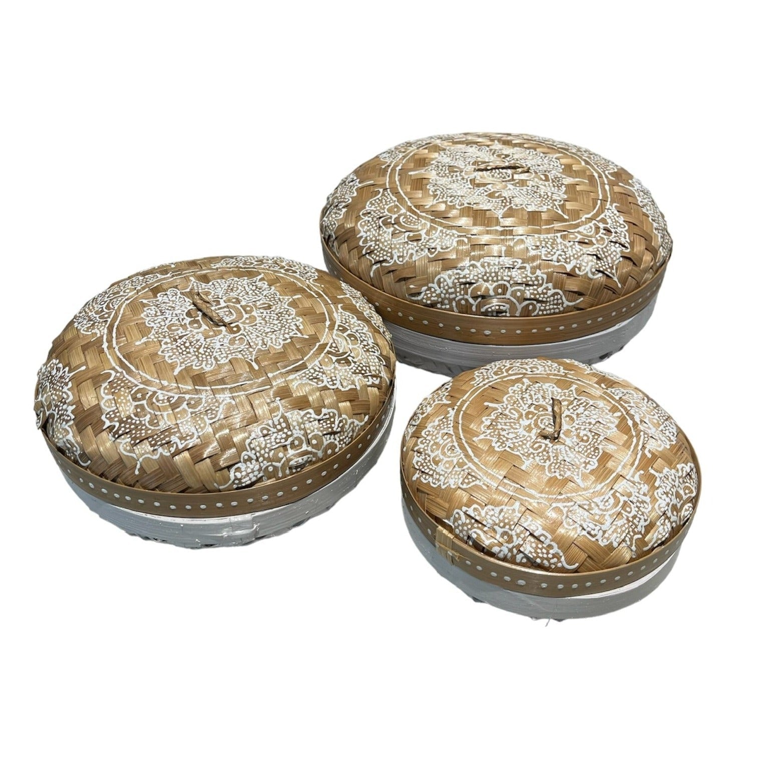 White Round Henna Rattan Box