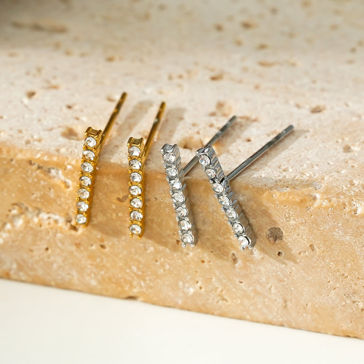 BIHAR: Minimalist Pavé Zirconia Embedded Bar Stud Earrings in White Gold (Silver Toned)