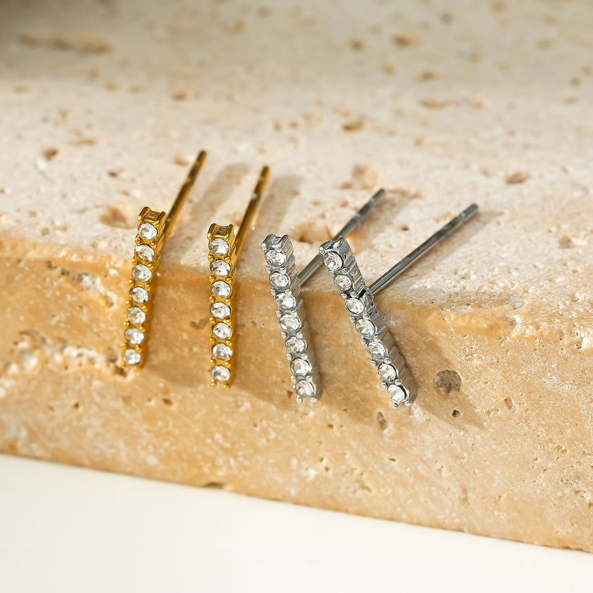 BIHAR: Minimalist Pavé Zirconia Embedded Bar Stud Earrings in White Gold (Silver Toned)