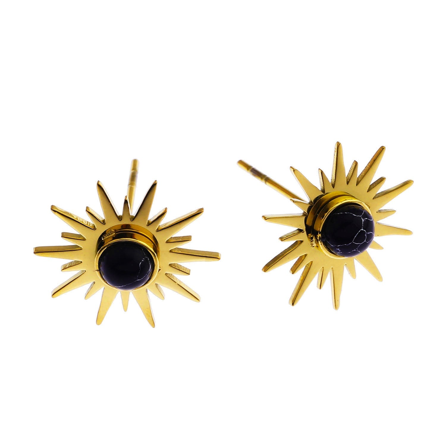 SOLE BLACK : Boucles d'oreilles à puces en pierre naturelle en forme de symbole solaire