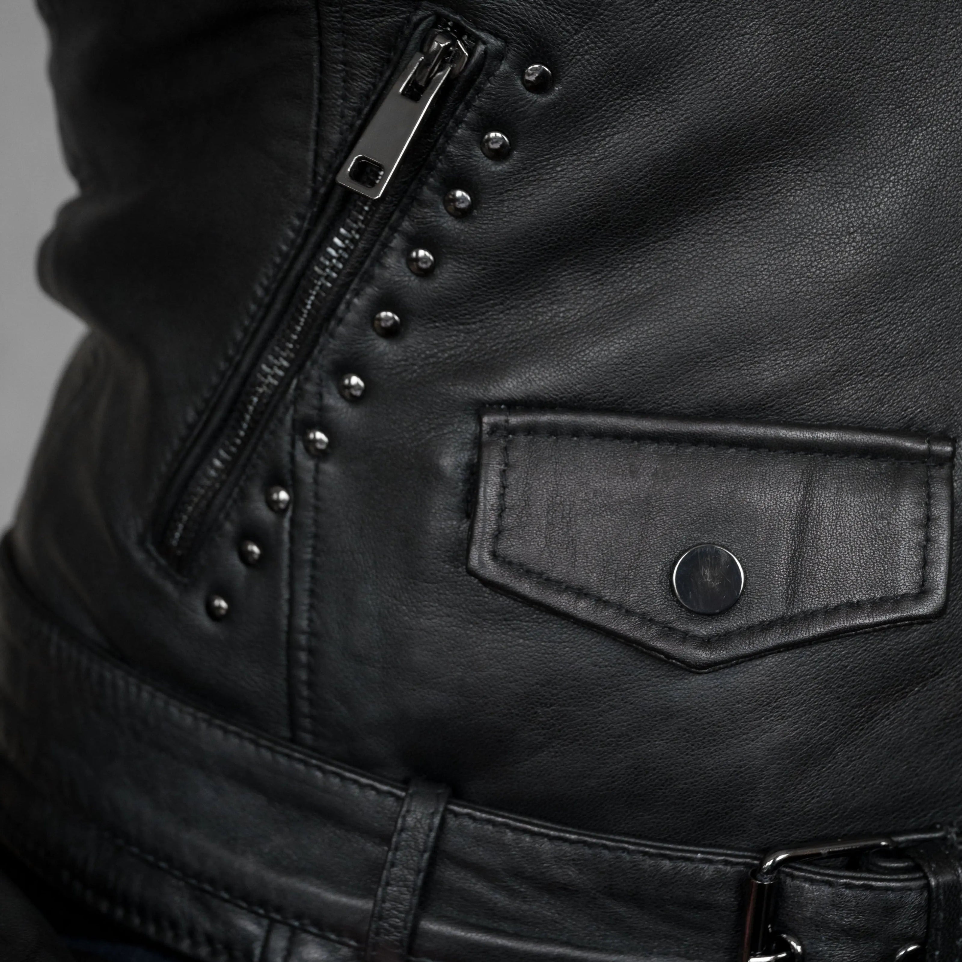 BOL Women’s Nova Leather Moto Jacket. Shadow Chrome Studded Biker Jacket with Waist Belt