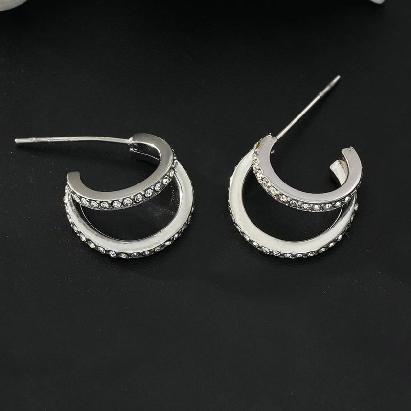 BOTTEGA: Double Banded Pavé Zirconia (CZ) Gemstones Embedded Hoop Earrings in Silver