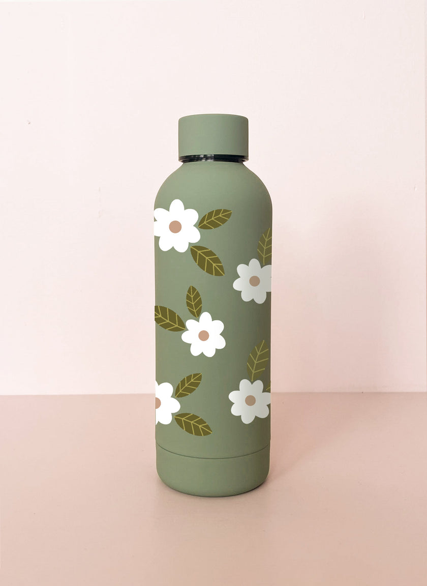 Bouteille en acier inox 17oz - sauge Fleurs maxi blanches