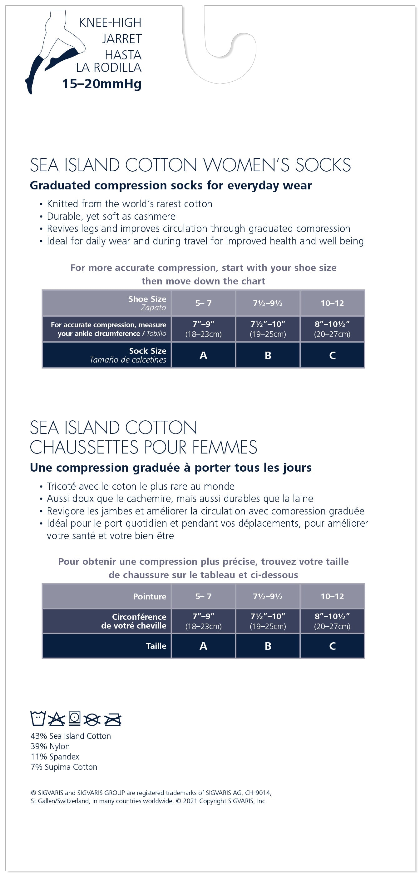 Sigvaris 150 Sea Island Cotton Compression Socks 15-20 mmHg Calf High For Women Closed Toe