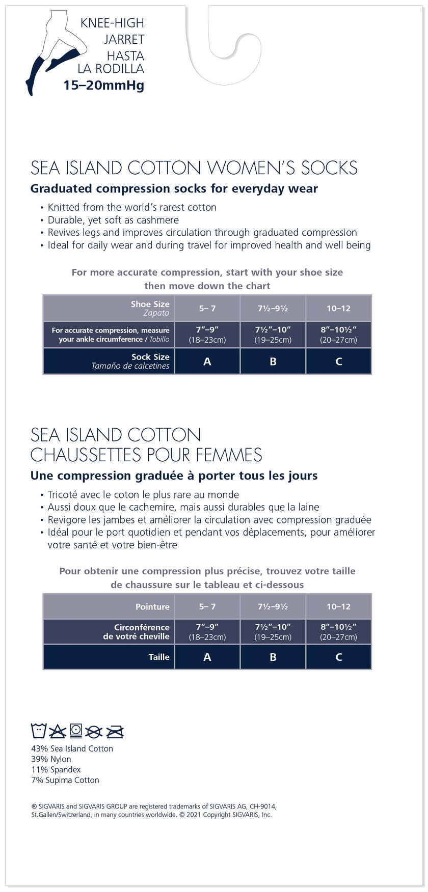 Sigvaris 150 Sea Island Cotton Compression Socks 15-20 mmHg Calf High For Women Closed Toe