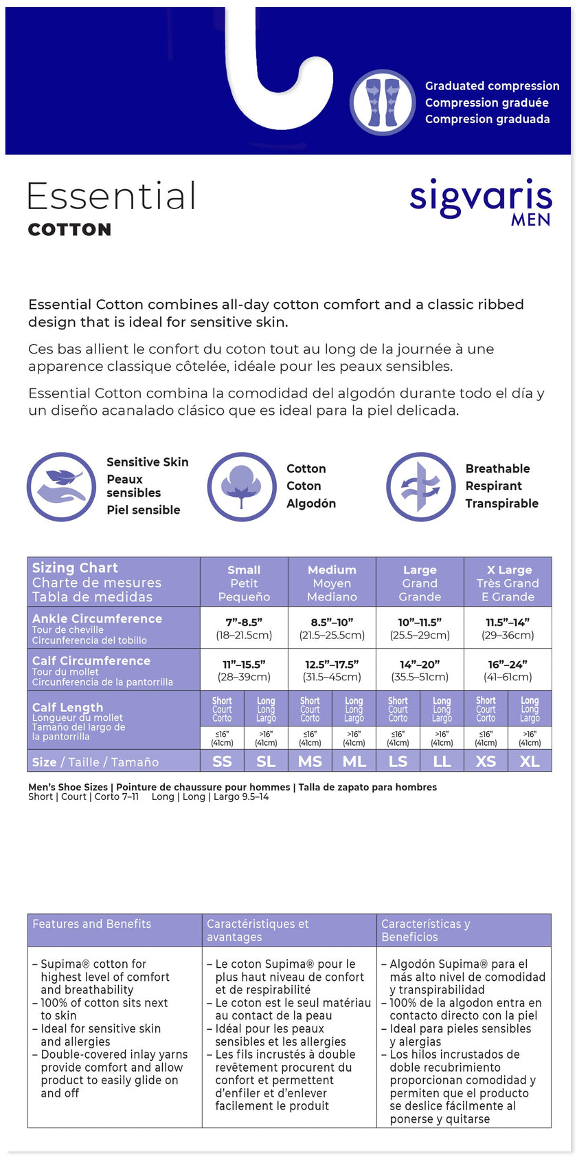 Sigvaris Men's Essential Cotton Calf with Grip-Top 30-40mmHg Men's Closed Toe