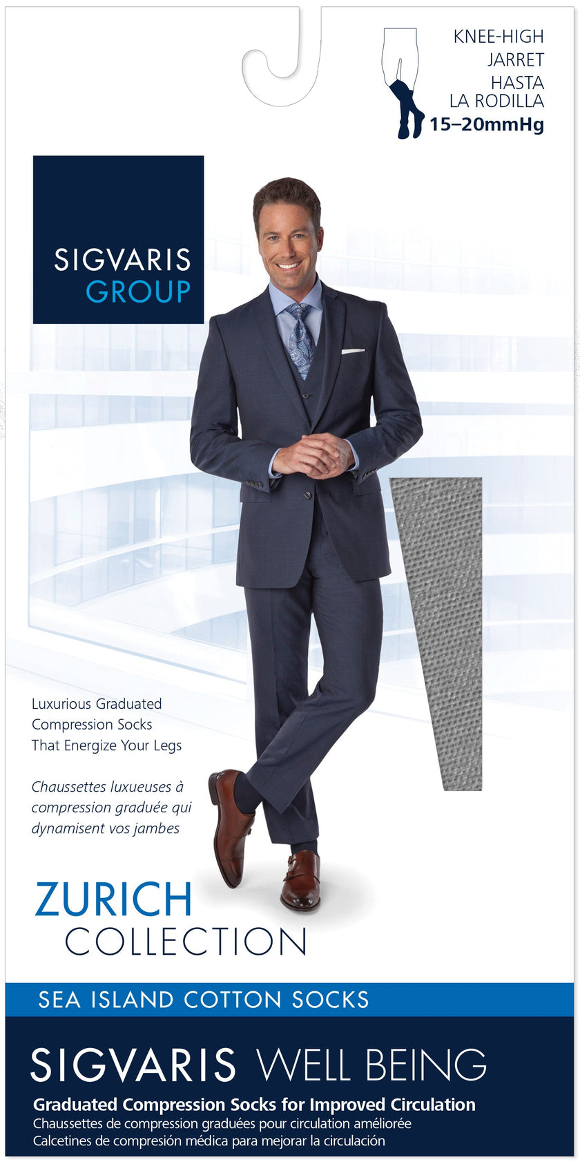 Sigvaris 190 Sea Island Cotton Compression Socks 15-20 mmHg Calf High for Men Closed Toe