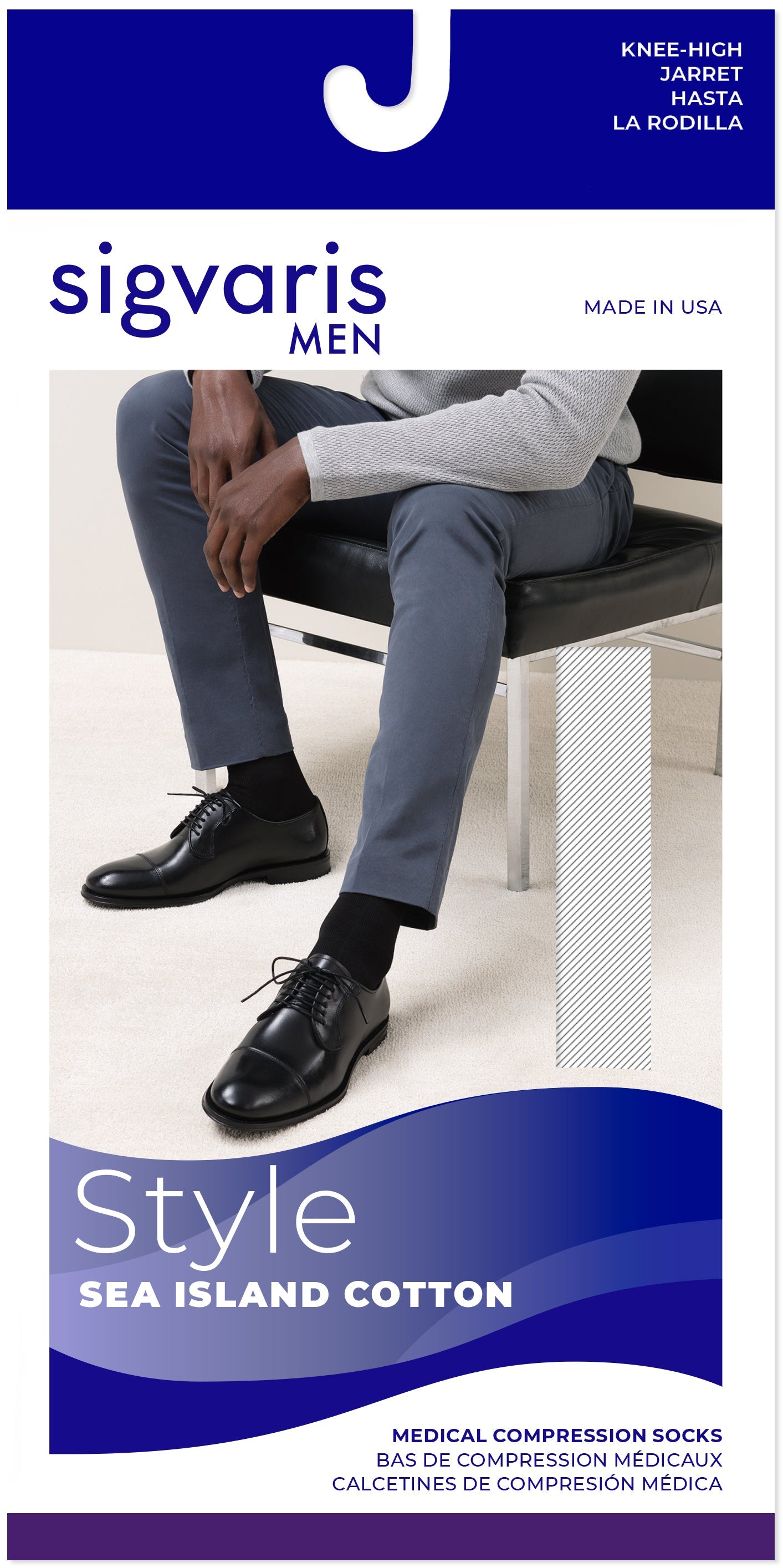 Sigvaris 220 Sea Island Cotton Compression Socks 20-30 mmHg Calf High for Men Closed Toe
