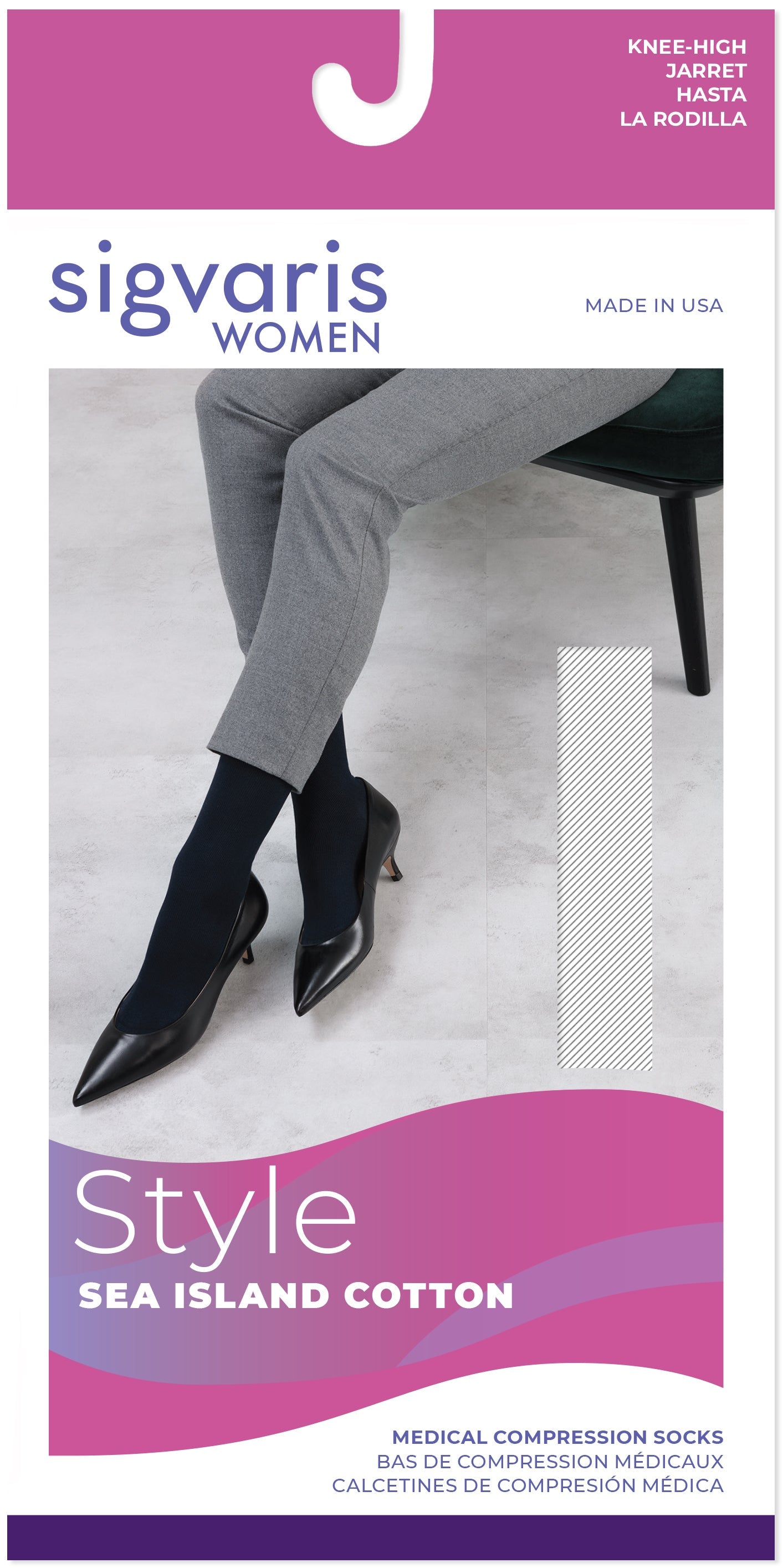 Sigvaris 220 Sea Island Cotton Compression Socks 20-30 mmHg Calf High for Women Closed Toe