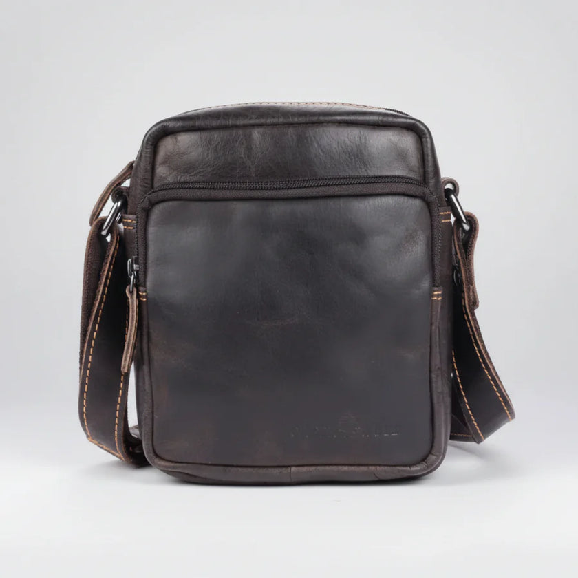 Greenwood Leather Mini-Messenger Bag. Premium Compact Crossbody Travel Organizer
