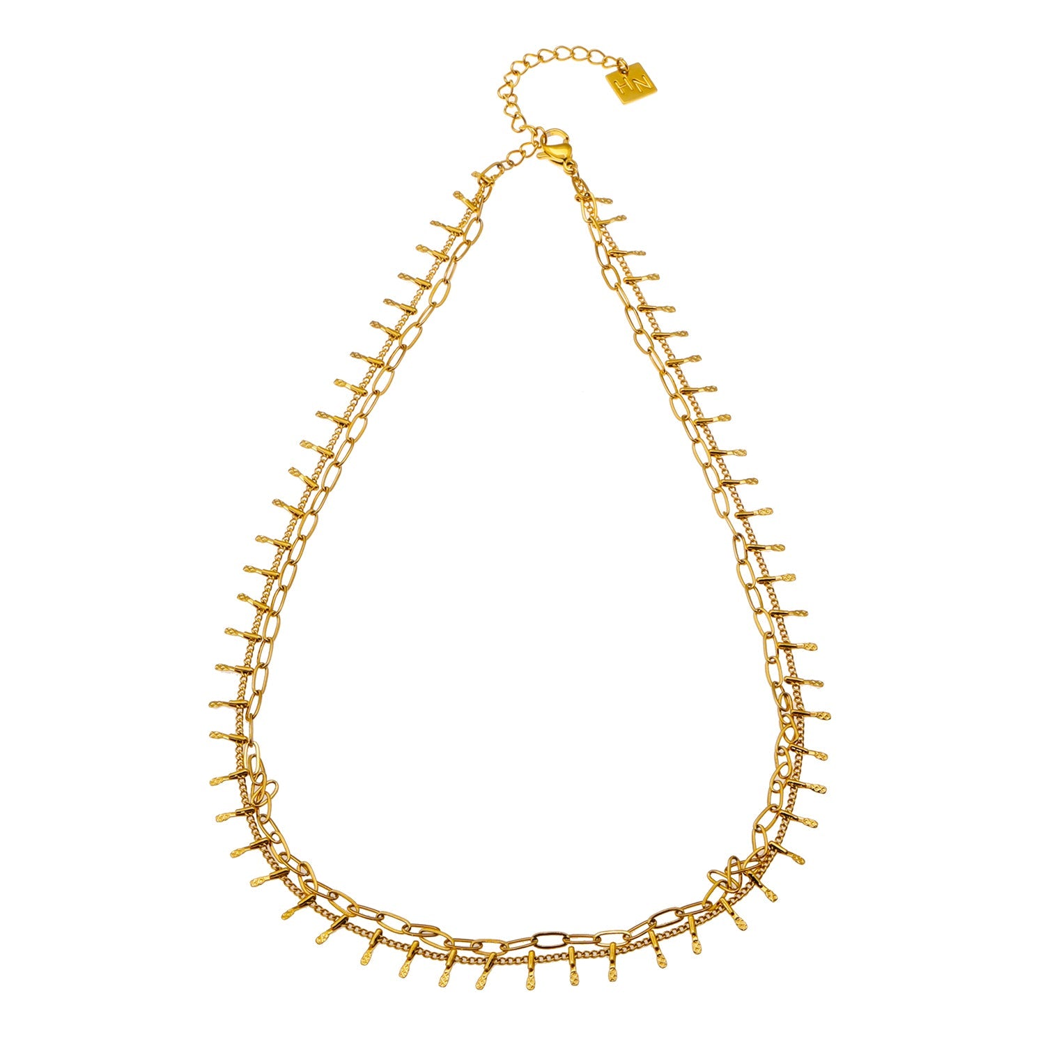 BRONTE : Collier à 2 chaînes superposées avec chaîne minimaliste à maillons plats et chaîne à crochet décorative.