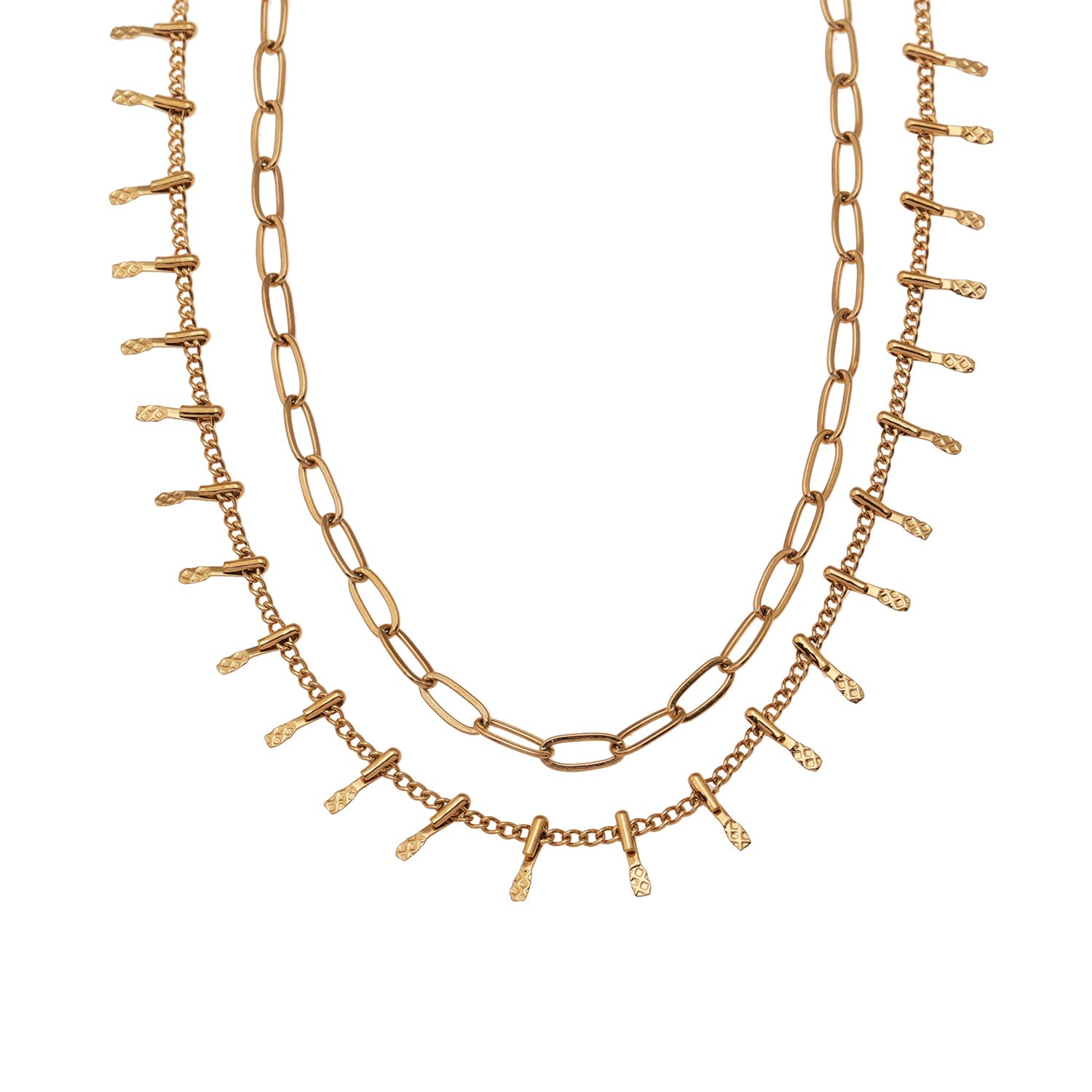 BRONTE : Collier à 2 chaînes superposées avec chaîne minimaliste à maillons plats et chaîne à crochet décorative.