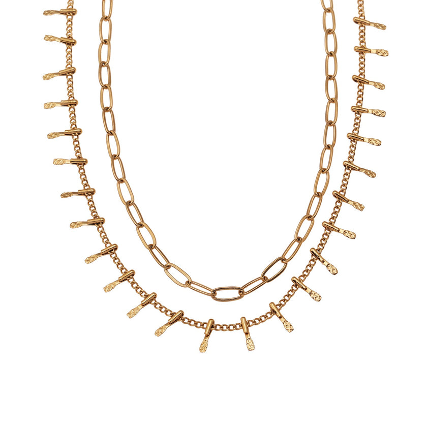 BRONTE : Collier à 2 chaînes superposées avec chaîne minimaliste à maillons plats et chaîne à crochet décorative.