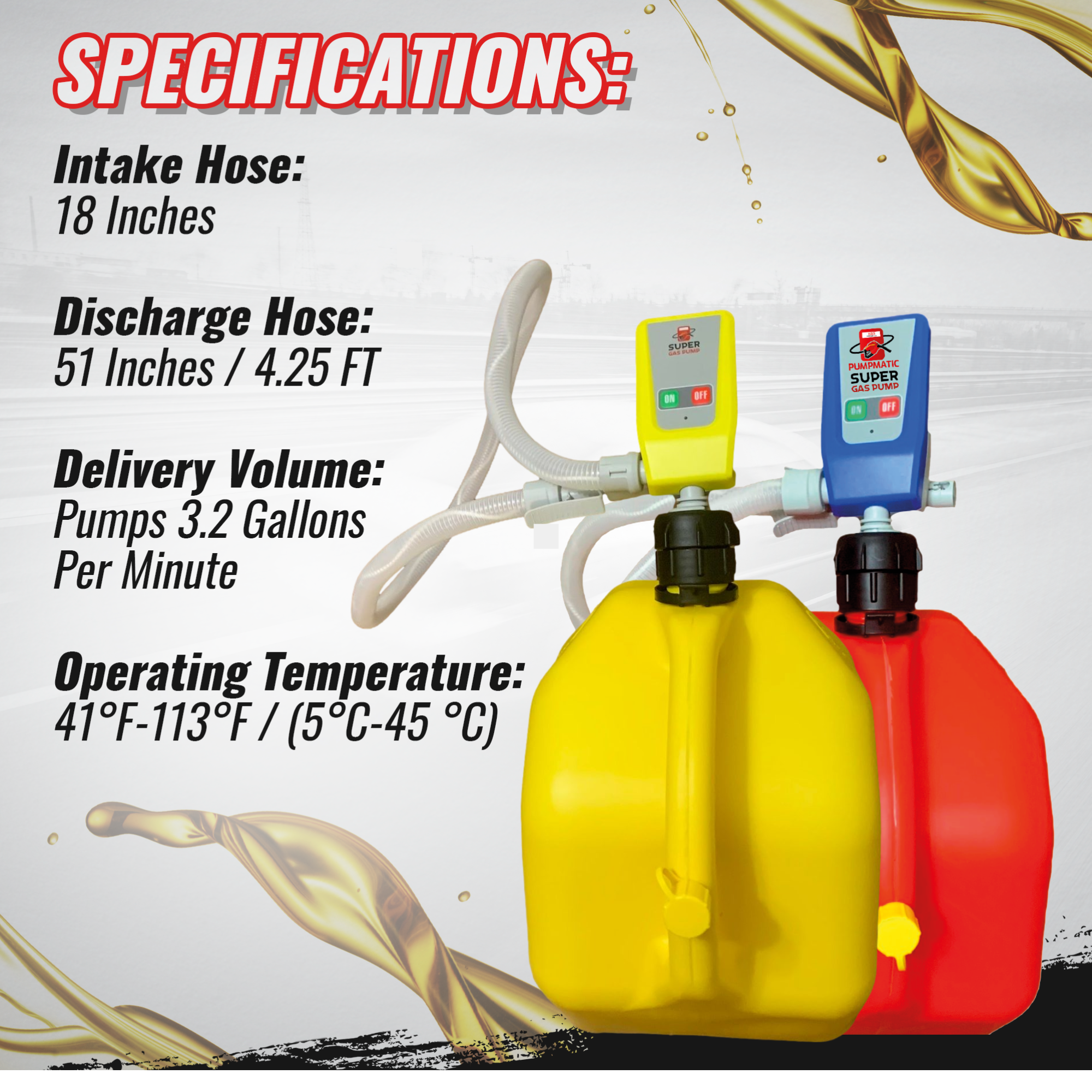 PumpMatic Super Gas Pump Fuel Transfer Pump for Gas, Diesel, Kerosene + 3 Power Sources w/ 4.25 Ft Hose