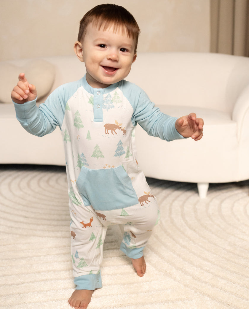 Bamboo L/S Romper w/Kangaroo pkt (Moose Woods Print)