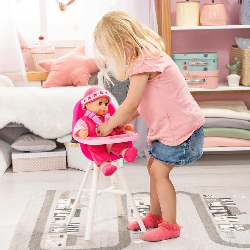 Bayer Design - Plastic High Chair - Pink - Integrated Dining Plate, Seat Belt, Accessories for Baby Dolls up to 18? - Pink - Age 3+