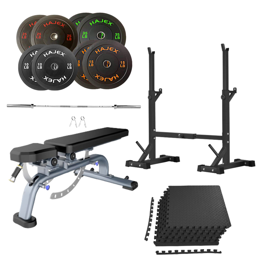 Bench Press Stack with Squat Rack, Weight Plates and Barbell Bar