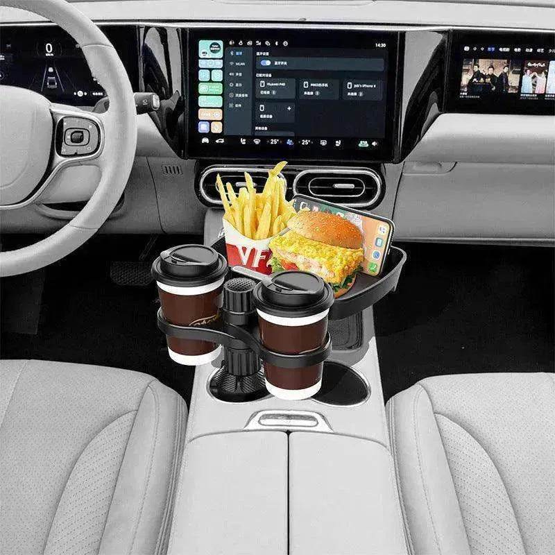 Car Cup Holder Tray with Phone Mount – Dual Drink Holder & Food Tray Car Organizer