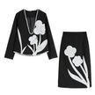Black And White Splicing Velvet V-neck Overlapping Coat Color Contrast Skirt Suit