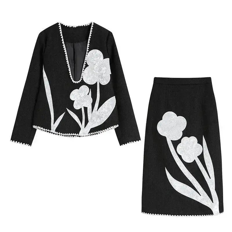 Black And White Splicing Velvet V-neck Overlapping Coat Color Contrast Skirt Suit