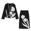 Black And White Splicing Velvet V-neck Overlapping Coat Color Contrast Skirt Suit