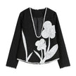 Black And White Splicing Velvet V-neck Overlapping Coat Color Contrast Skirt Suit