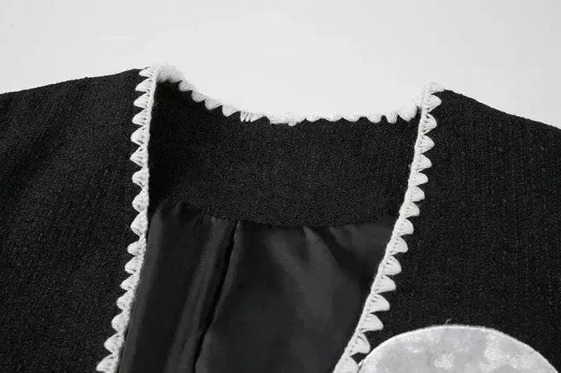 Black And White Splicing Velvet V-neck Overlapping Coat Color Contrast Skirt Suit