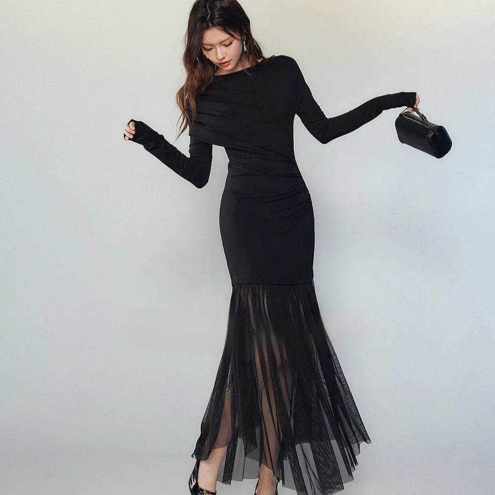 Black Panel Mesh Dress Women