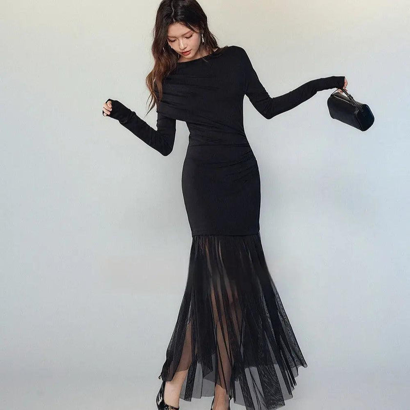 Black Panel Mesh Dress Women