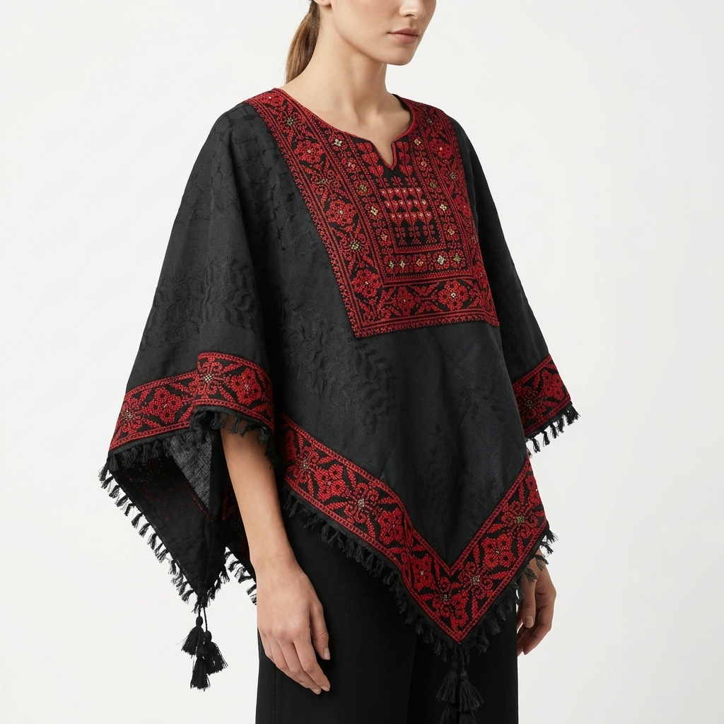 Poncho of Palestine | All Black Kufiya (Keffiyeh) Tatreez
