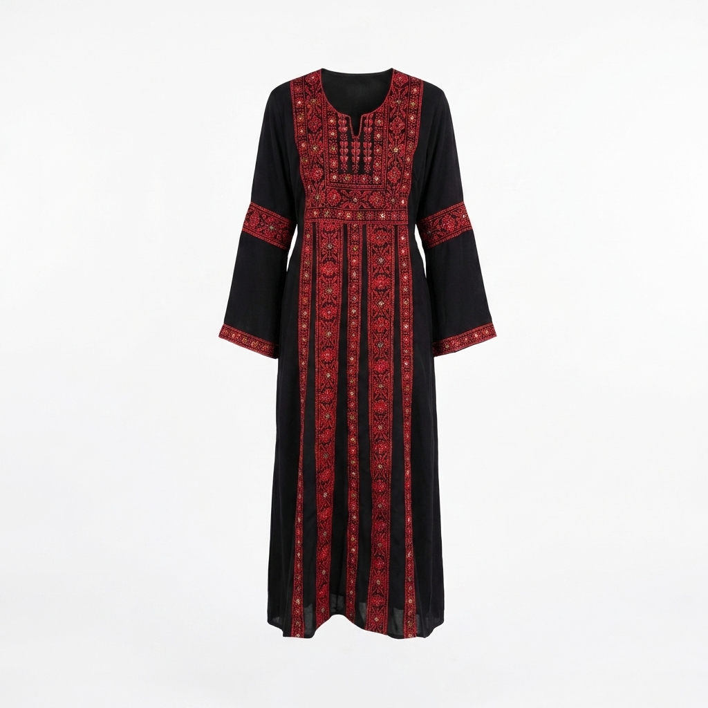 Palestinian Thobe Traditional Dress | Black with Red Tatreez Embroidery for Adults