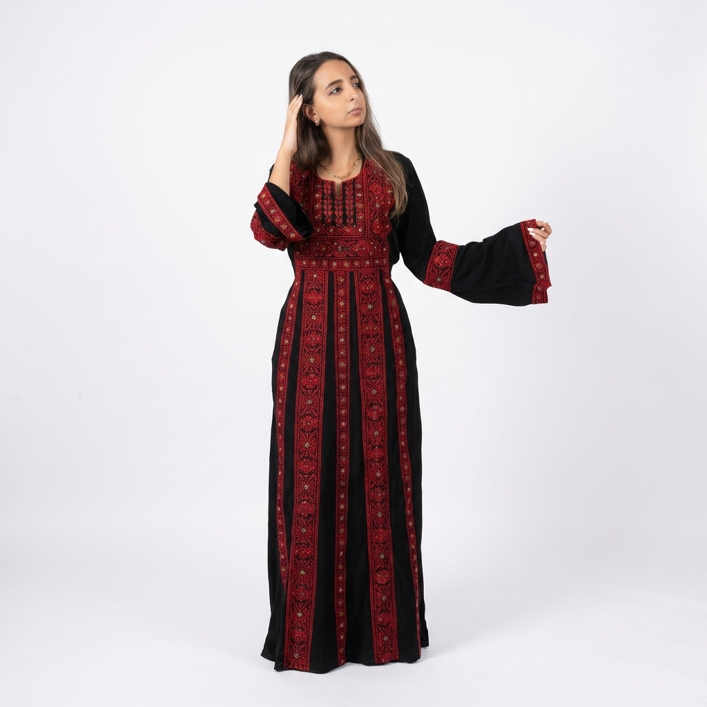 Palestinian Thobe Traditional Dress | Black with Red Tatreez Embroidery for Adults