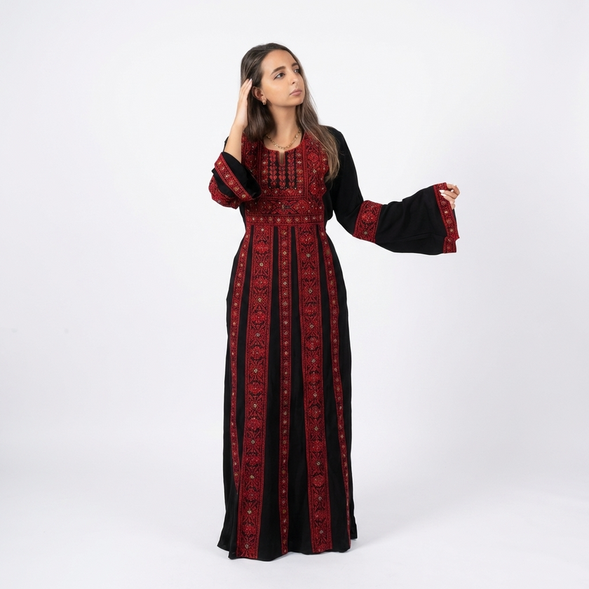 Palestinian Thobe Traditional Dress | Black with Red Tatreez Embroidery for Adults