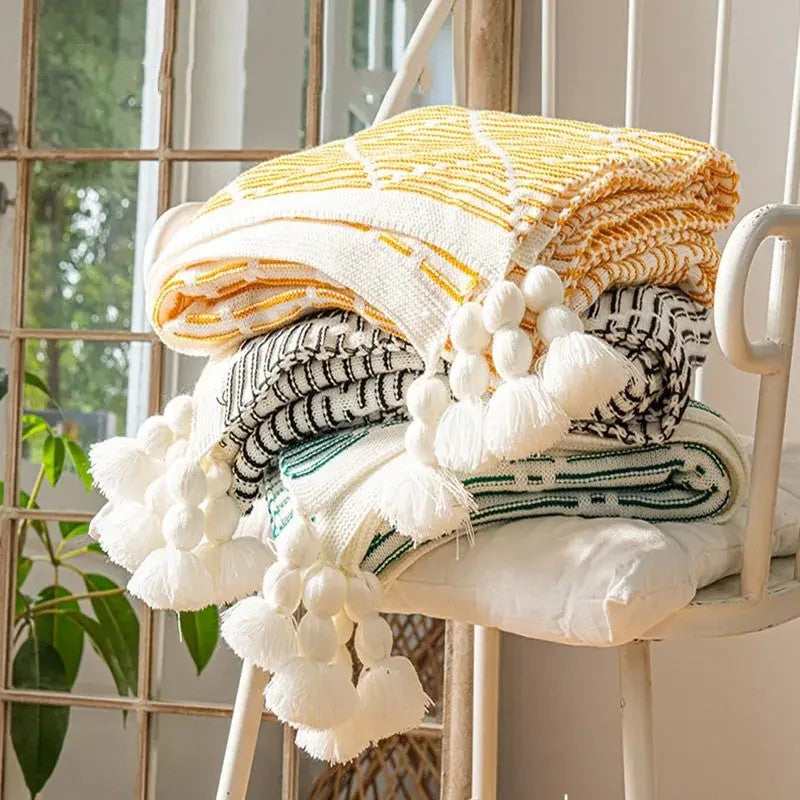 Meadow Cozy Pom Pom Blanket/Throw - Emerald Green