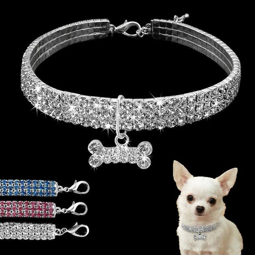 Bling Rhinestone Dog Collar – Crystal Pet Collar for Small Dogs & Cats (Blue, Pink, White | S/M/L)
