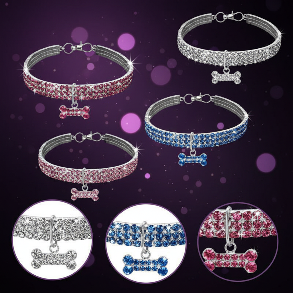 Bling Rhinestone Dog Collar – Crystal Pet Collar for Small Dogs & Cats (Blue, Pink, White | S/M/L)
