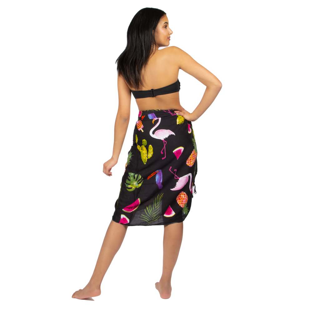 Flamingo & Fruit Print Sarong - Black