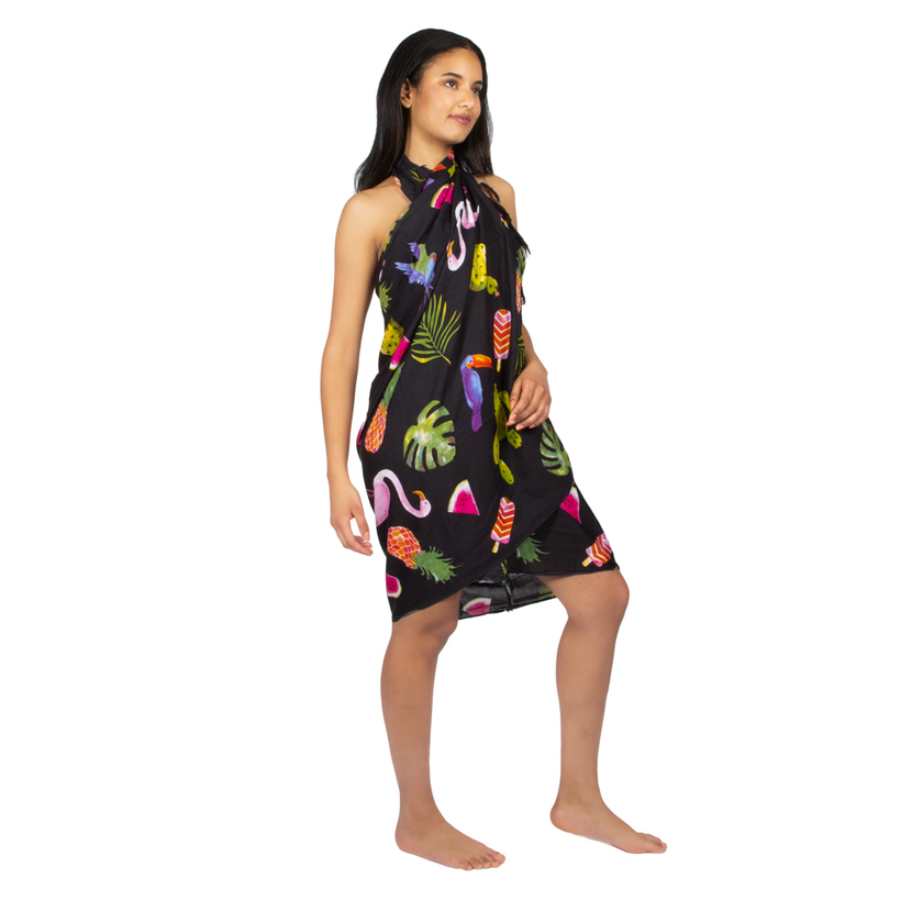 Flamingo & Fruit Print Sarong - Black